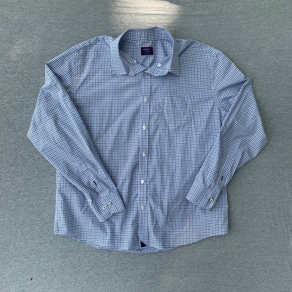 UNTUCKit Mens XXL Blue White Check Wrinkle Free Regular‎ Fit Button Down Shirt